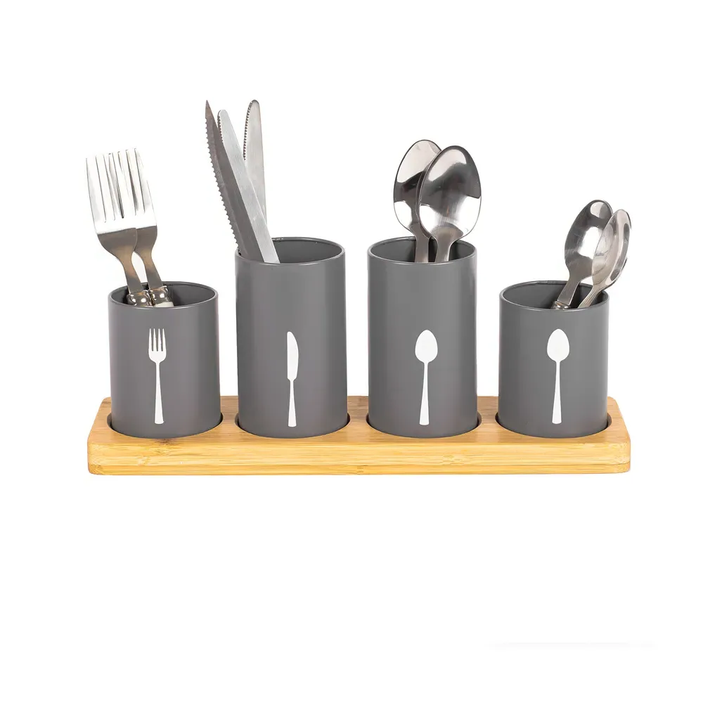 Essentials 4 Piece Kitchen Cutlery Holder Set - Grey, Bamboo