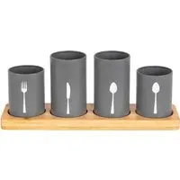 Essentials 4 Piece Kitchen Cutlery Holder Set - Grey, Bamboo