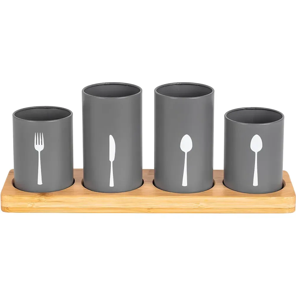 Essentials 4 Piece Kitchen Cutlery Holder Set - Grey, Bamboo