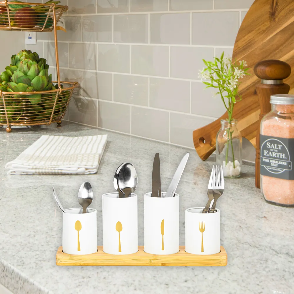 Essentials 4 Piece Kitchen Cutlery Holder Set - White, Bamboo
