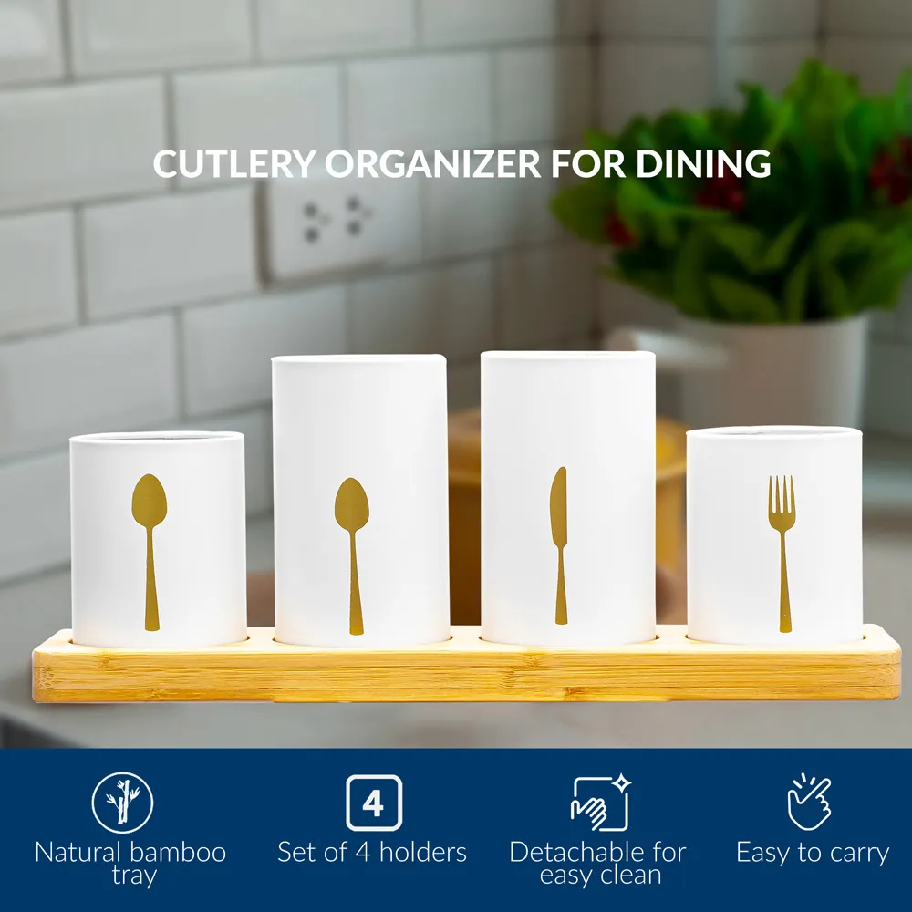 Essentials 4 Piece Kitchen Cutlery Holder Set - White, Bamboo