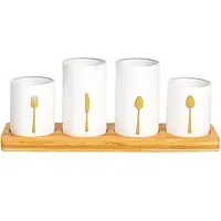 Essentials 4 Piece Kitchen Cutlery Holder Set - White, Bamboo