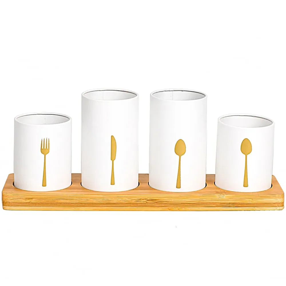 Essentials 4 Piece Kitchen Cutlery Holder Set - White, Bamboo