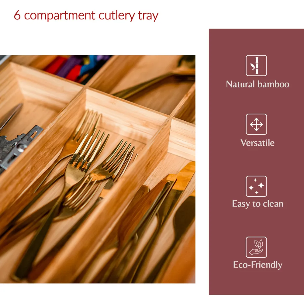 Essentials 6 Compartment Cutlery Tray - Brown, Bamboo