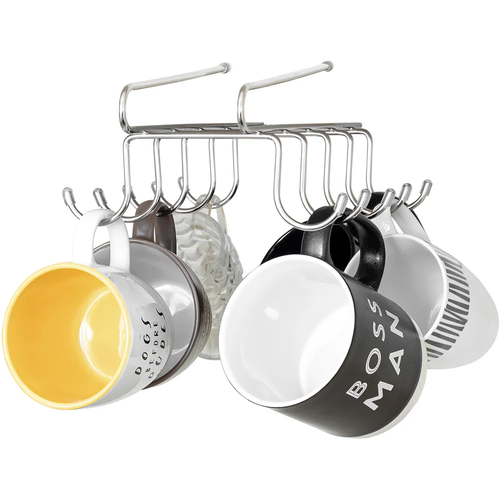 Essentials Under Shelf Cup Hanging Rack with 10 Hooks - Silver
