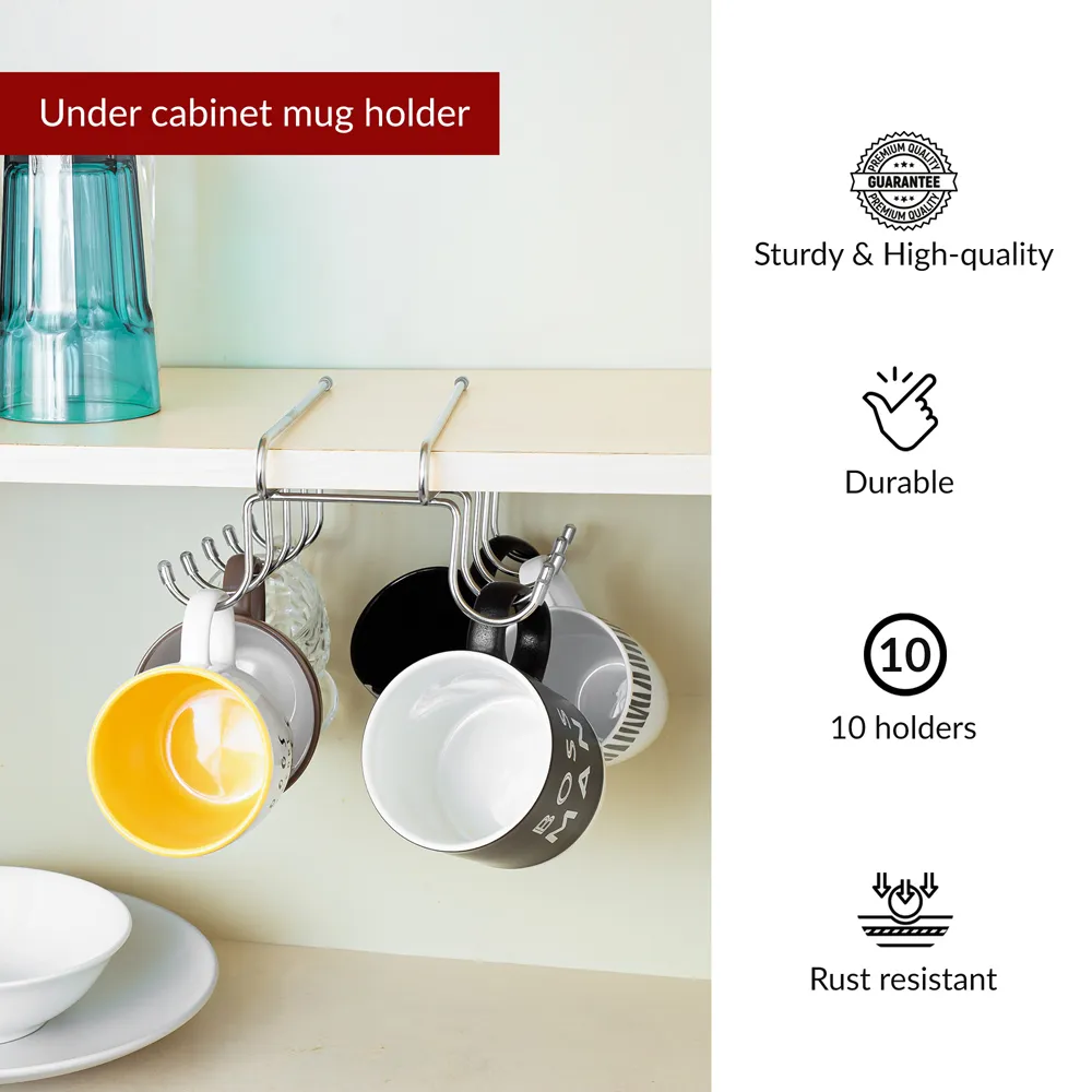 Essentials Under Shelf Cup Hanging Rack with 10 Hooks - Silver