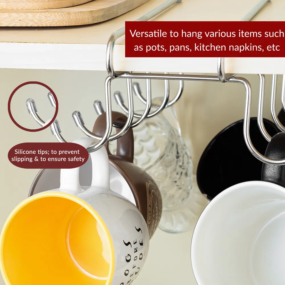 Essentials Under Shelf Cup Hanging Rack with 10 Hooks - Silver