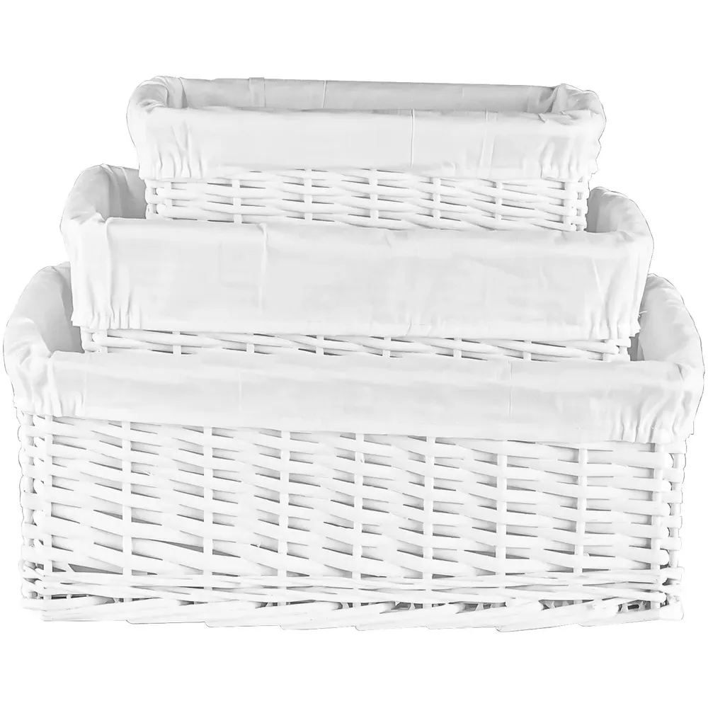Essentials Wicker Storage Basket with Cloth Lining 3 Pack - White