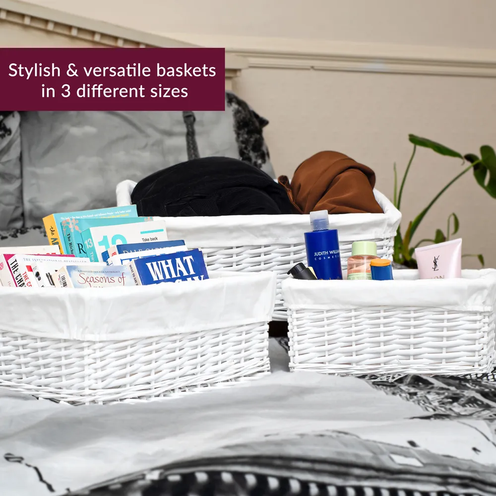 Essentials Wicker Storage Basket with Cloth Lining 3 Pack - White