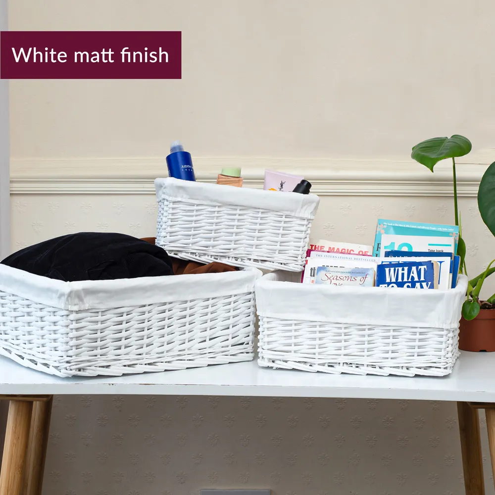 Essentials Wicker Storage Basket with Cloth Lining 3 Pack - White