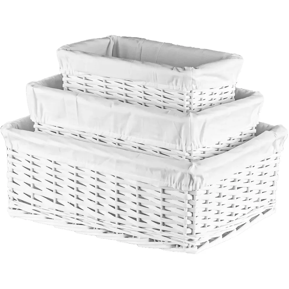 Essentials Wicker Storage Basket with Cloth Lining 3 Pack - White