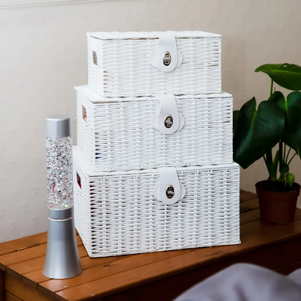 Essentials Wicker Storage Basket with Lid 3 Pack - White