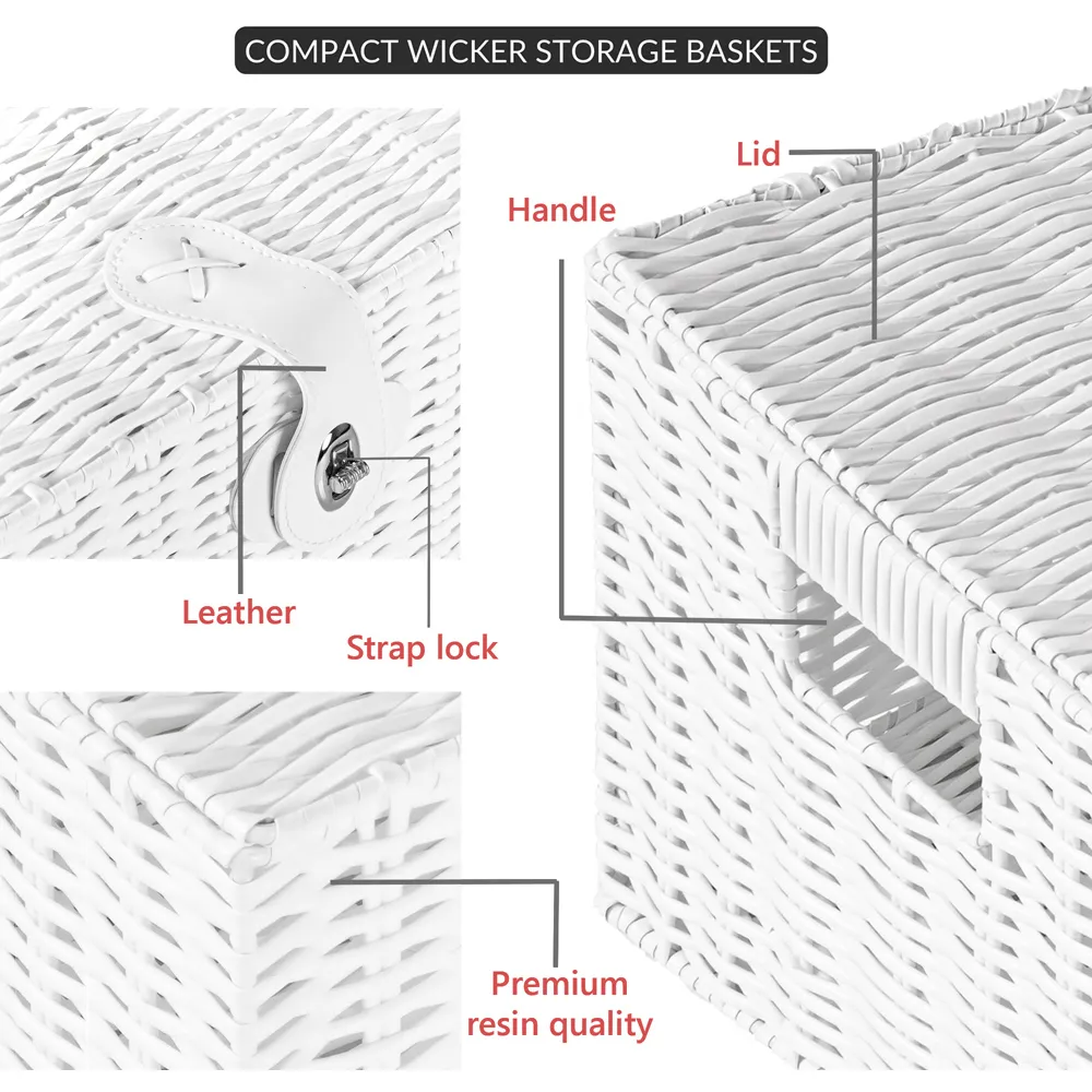 Essentials Wicker Storage Basket with Lid 3 Pack - White