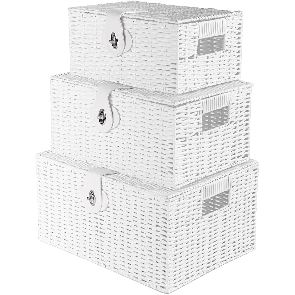 Essentials Wicker Storage Basket with Lid 3 Pack - White image