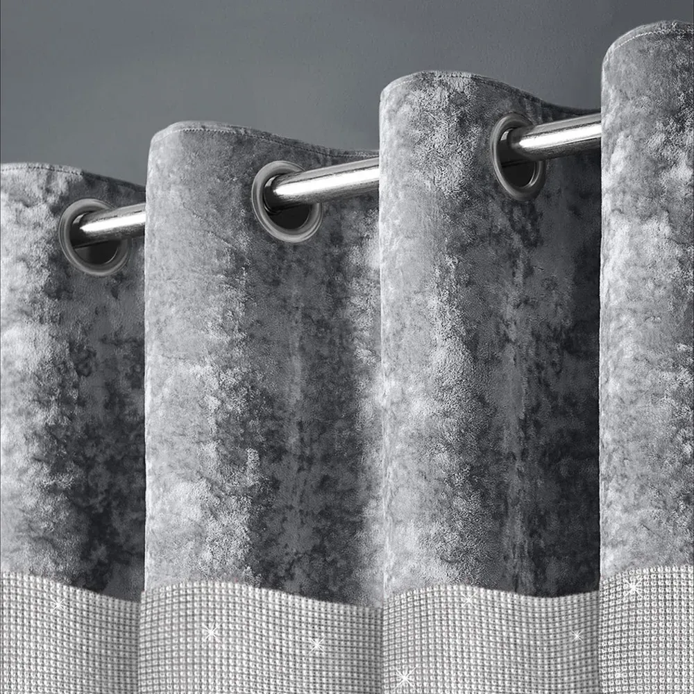 Diamante Eyelet Curtains - Silver, Crushed Velvet