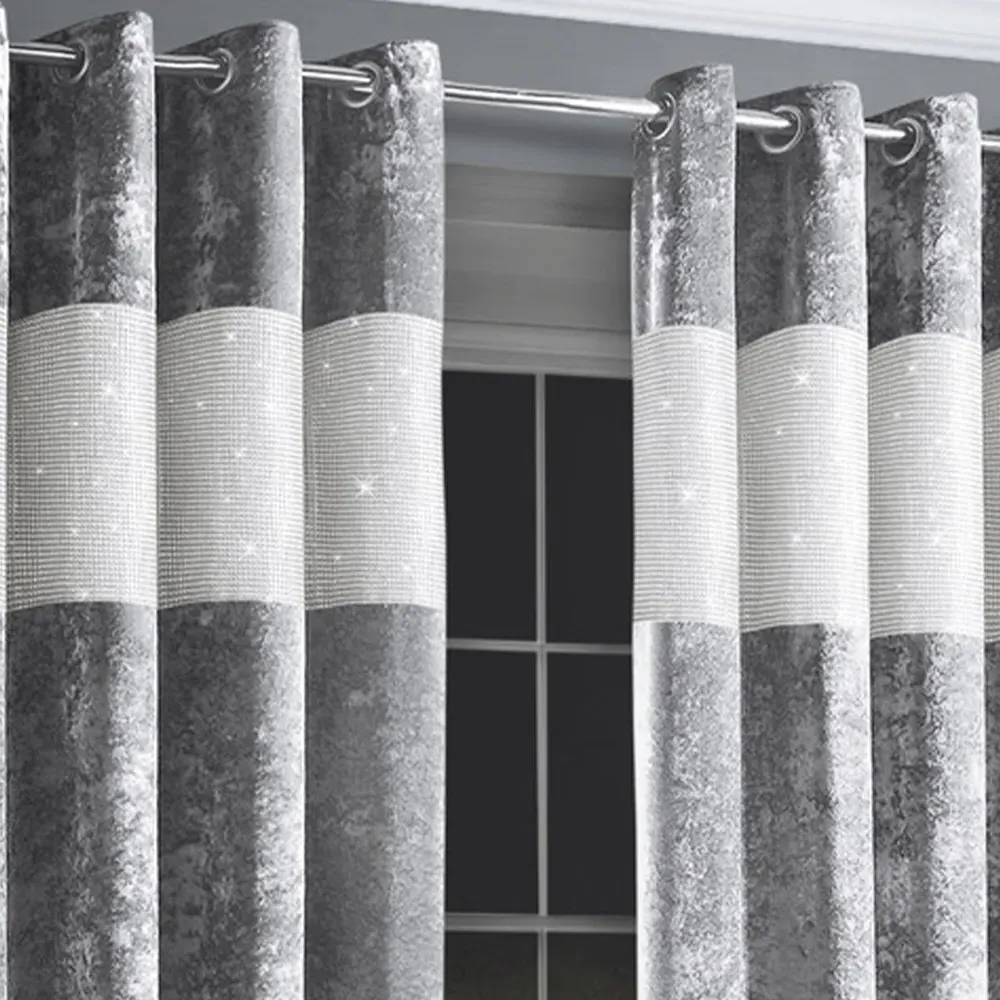 Diamante Eyelet Curtains - Silver, Crushed Velvet