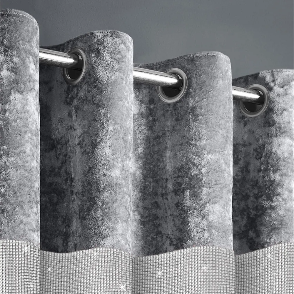 Diamante Eyelet Curtains - Silver, Crushed Velvet