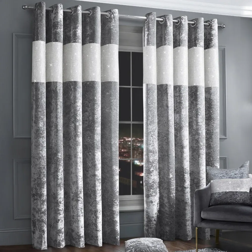 Diamante Eyelet Curtains - Silver, Crushed Velvet