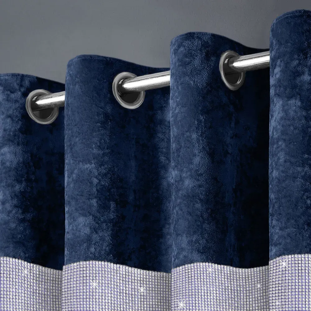Diamante Eyelet Curtains with Diamante Trim - Blue, Velvet
