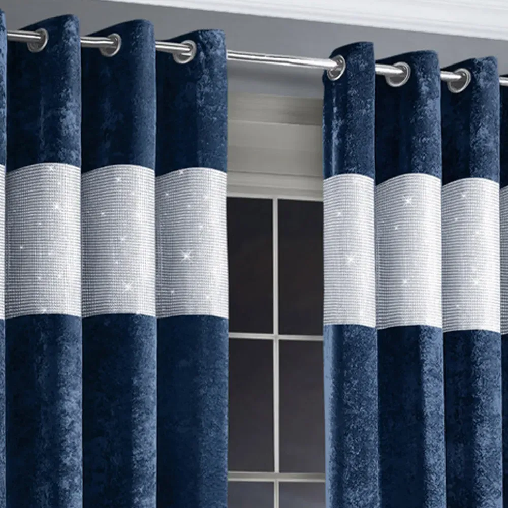 Diamante Eyelet Curtains with Diamante Trim - Blue, Velvet