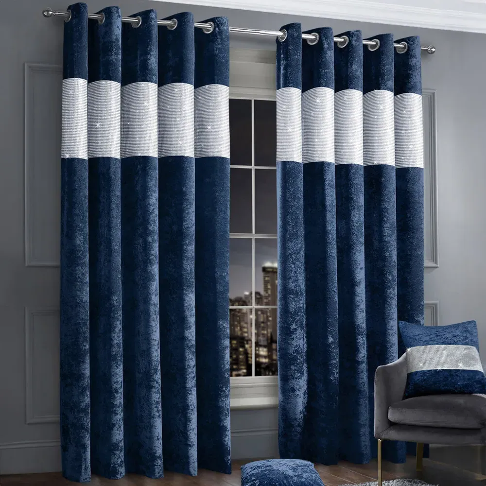 Diamante Eyelet Curtains with Diamante Trim - Blue, Velvet