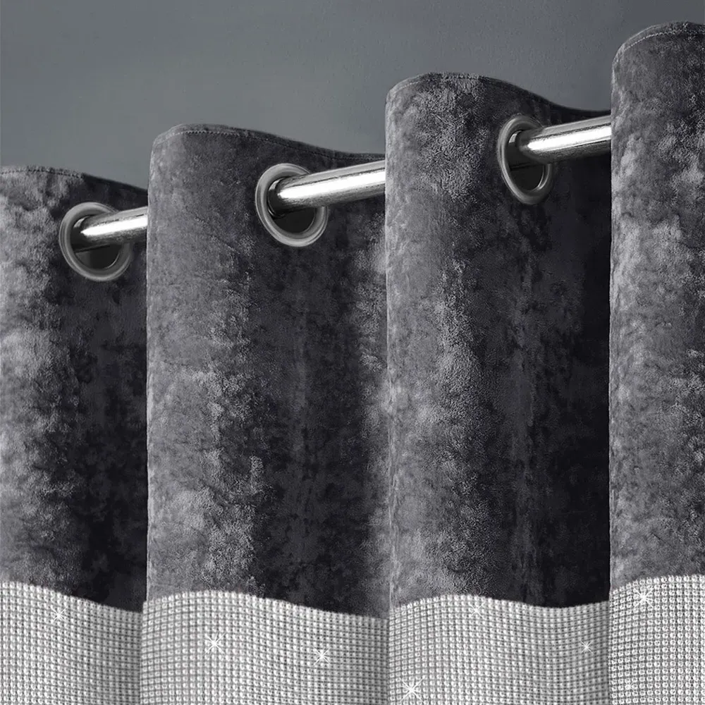 Diamante Eyelet Curtains with Diamante Trim - Charcoal, Velvet