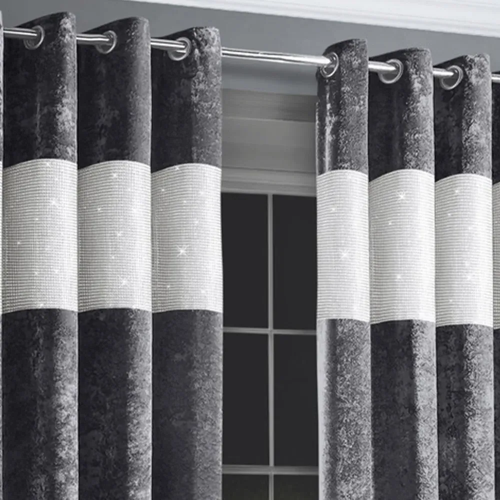 Diamante Eyelet Curtains with Diamante Trim - Charcoal, Velvet