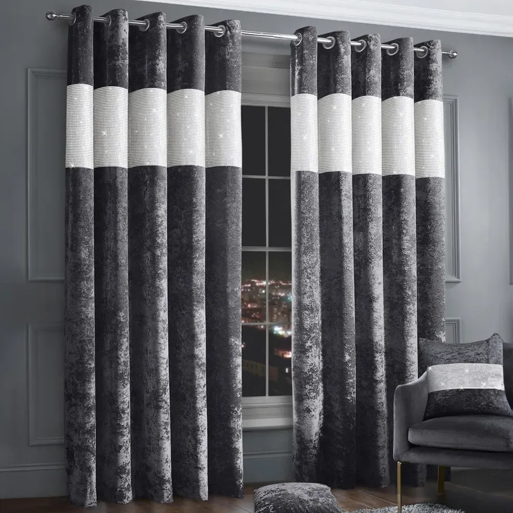 Diamante Eyelet Curtains with Diamante Trim - Charcoal, Velvet
