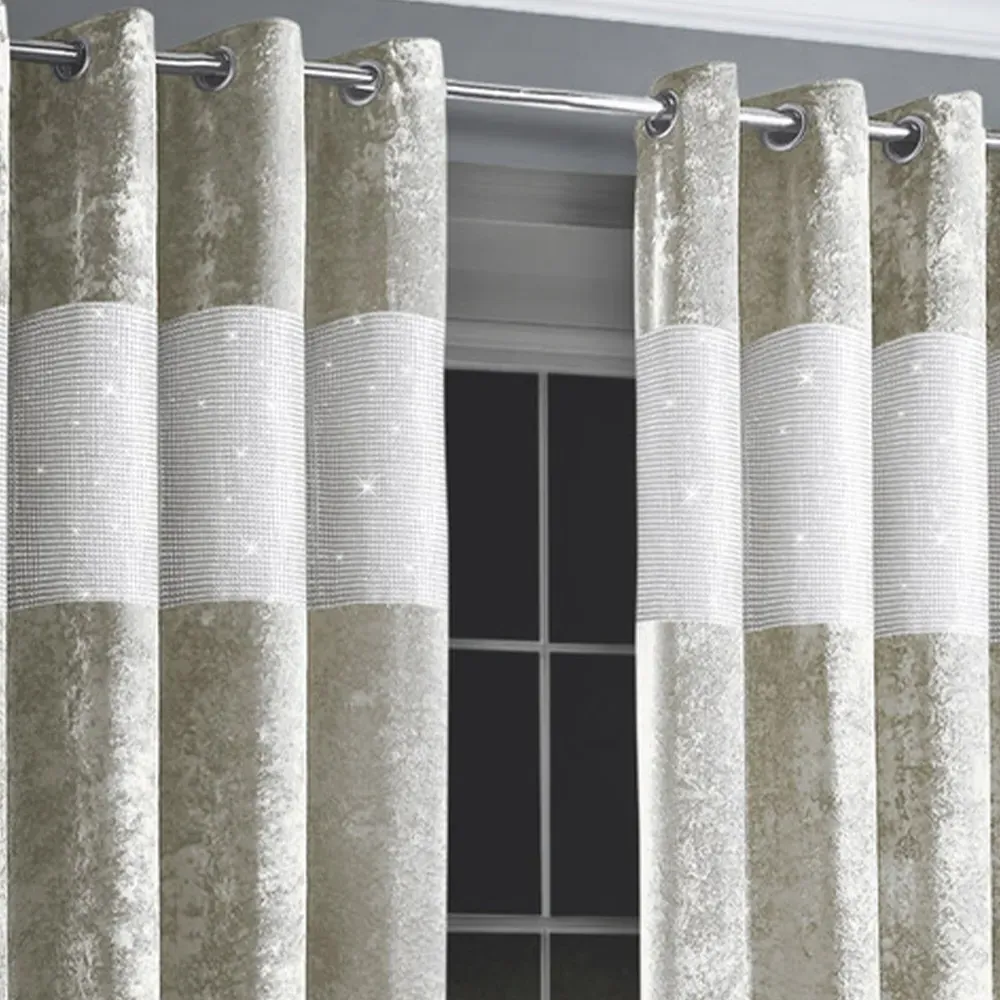 Diamante Eyelet Curtains with Diamante Trim - Cream, Velvet