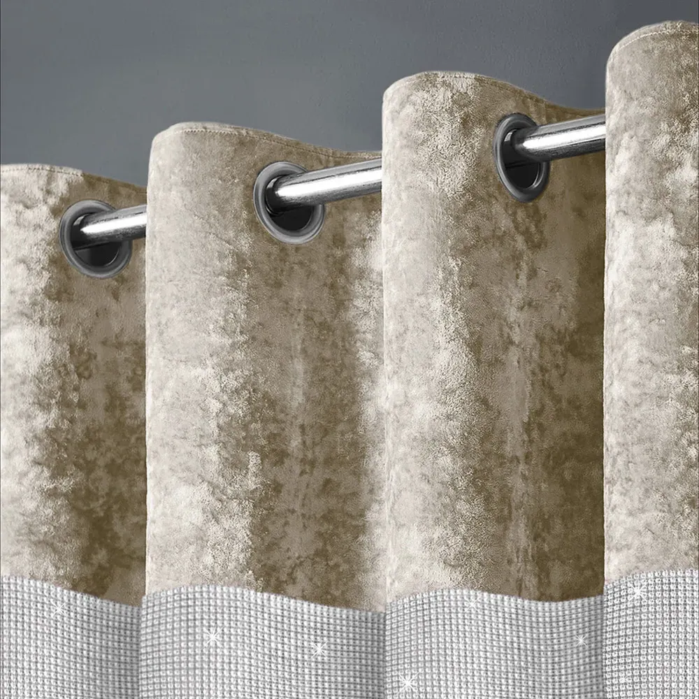 Diamante Eyelet Curtains with Diamante Trim - Cream, Velvet