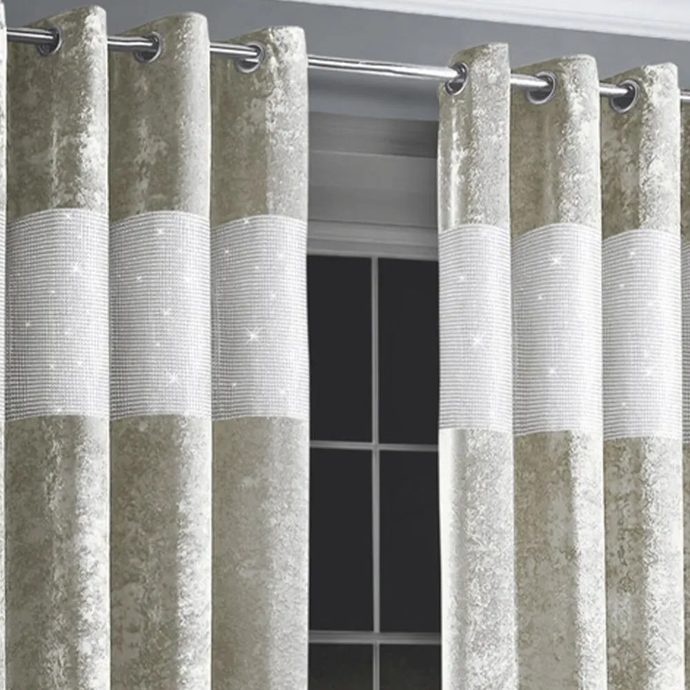 Diamante Eyelet Curtains with Diamante Trim - Cream, Velvet