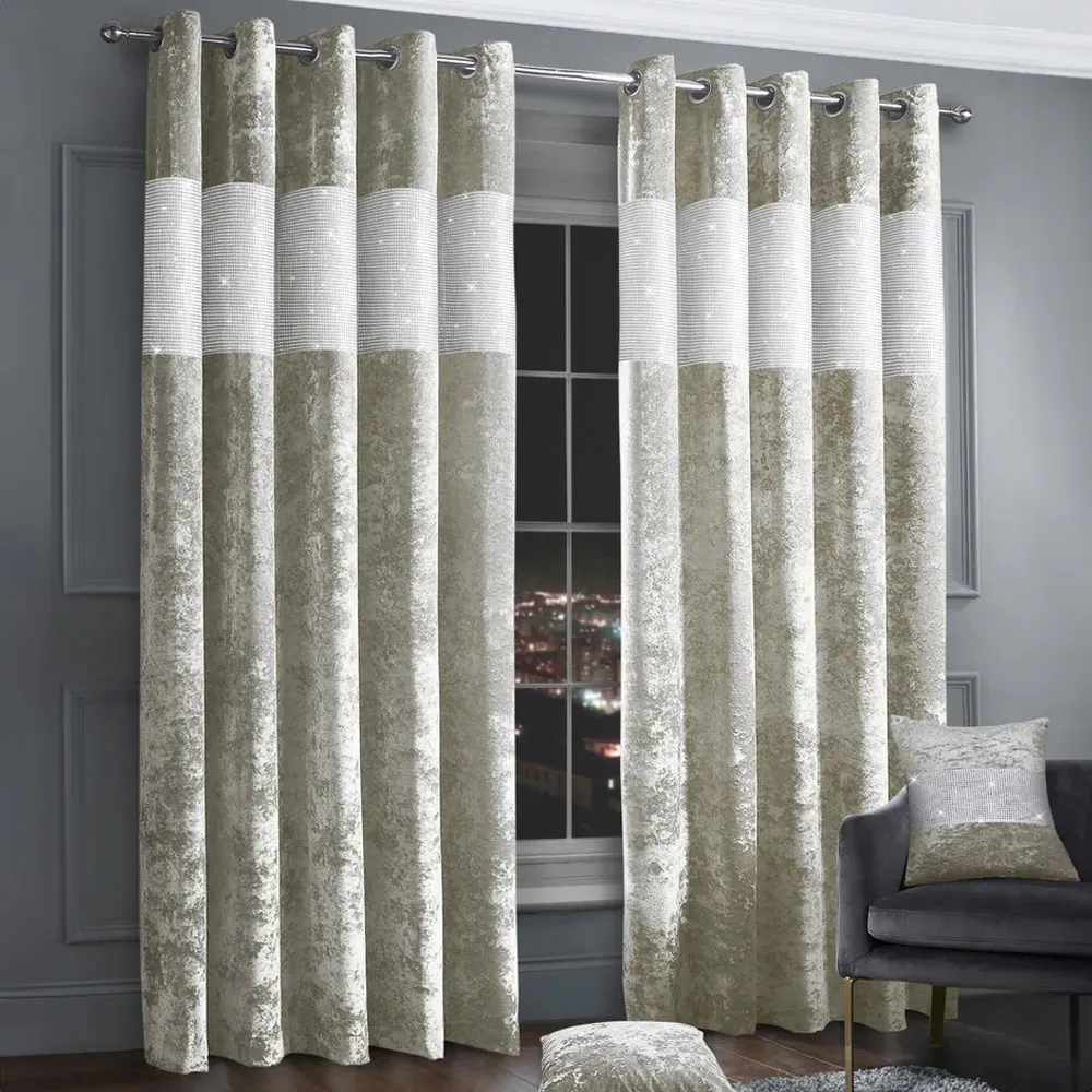Diamante Eyelet Curtains with Diamante Trim - Cream, Velvet