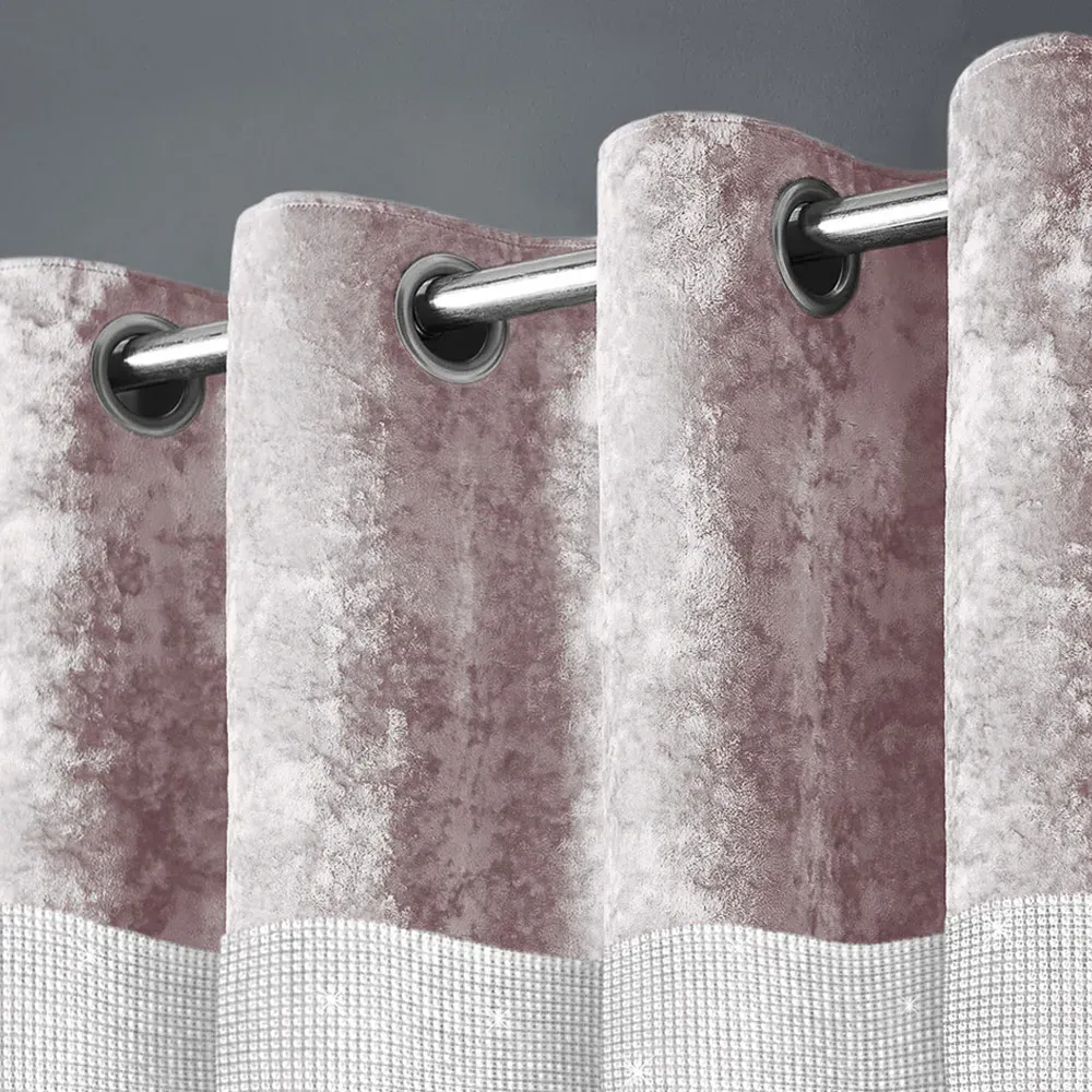 Diamante Eyelet Curtains with Diamante Trim - Pink, Velvet