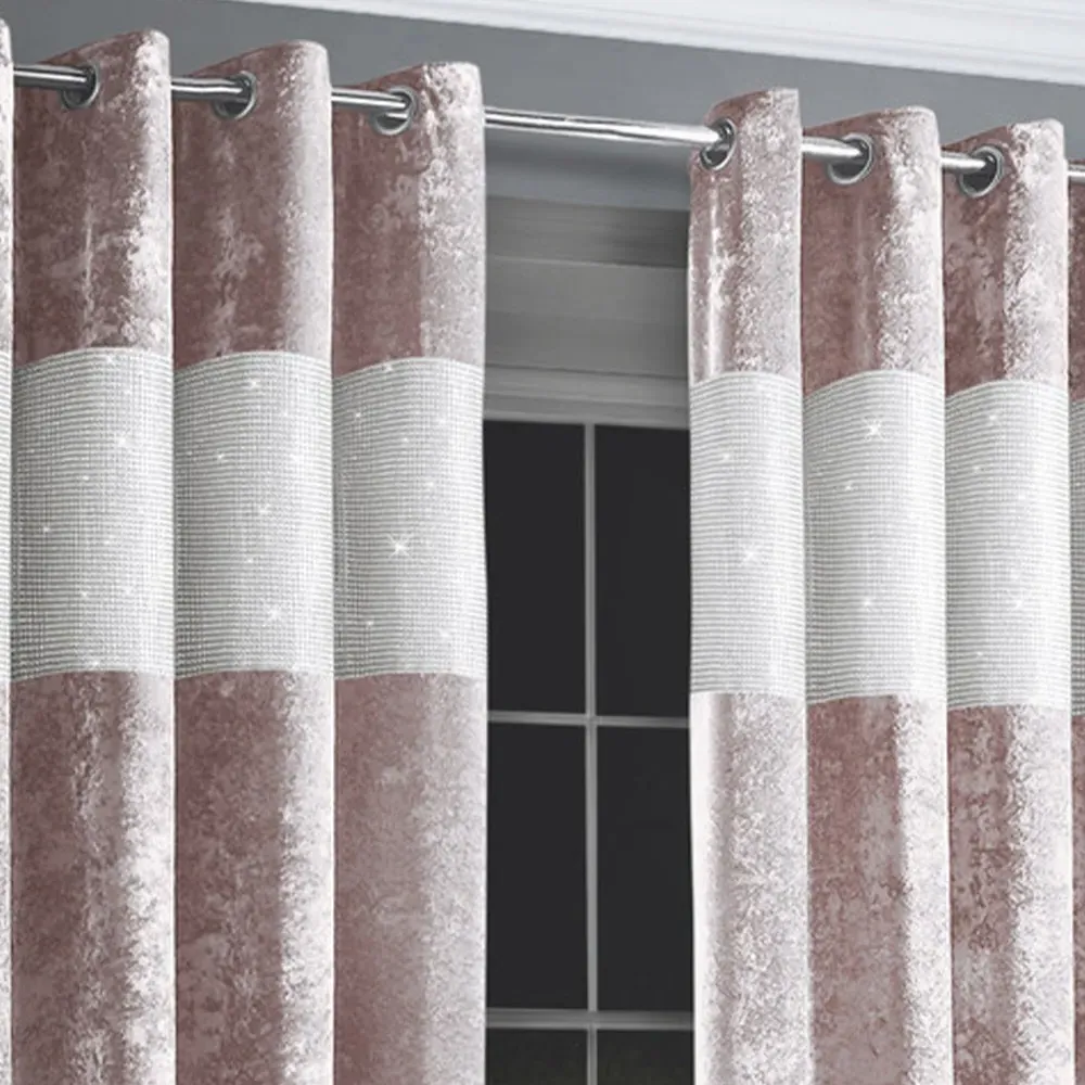 Diamante Eyelet Curtains with Diamante Trim - Pink, Velvet