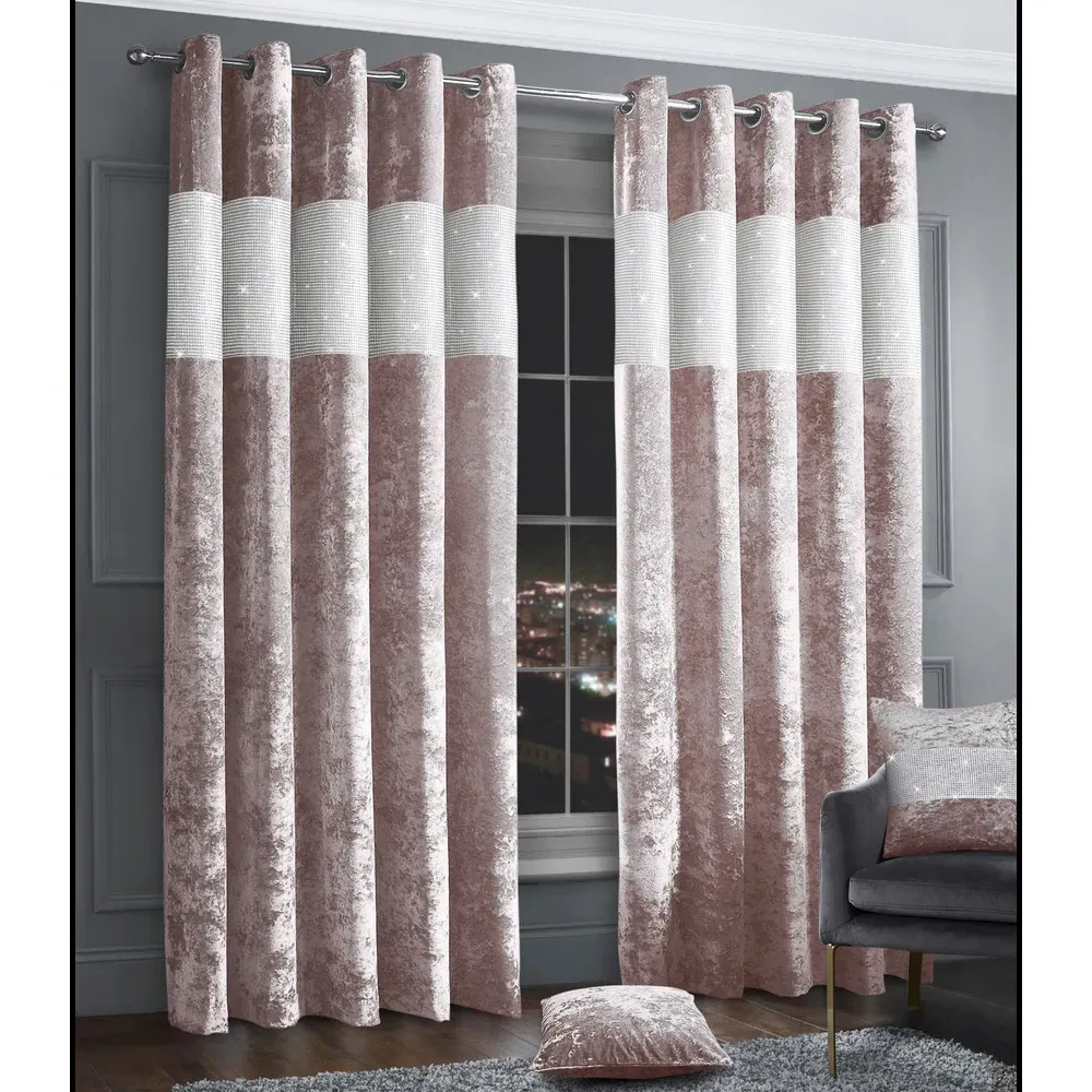 Diamante Eyelet Curtains with Diamante Trim - Pink, Velvet