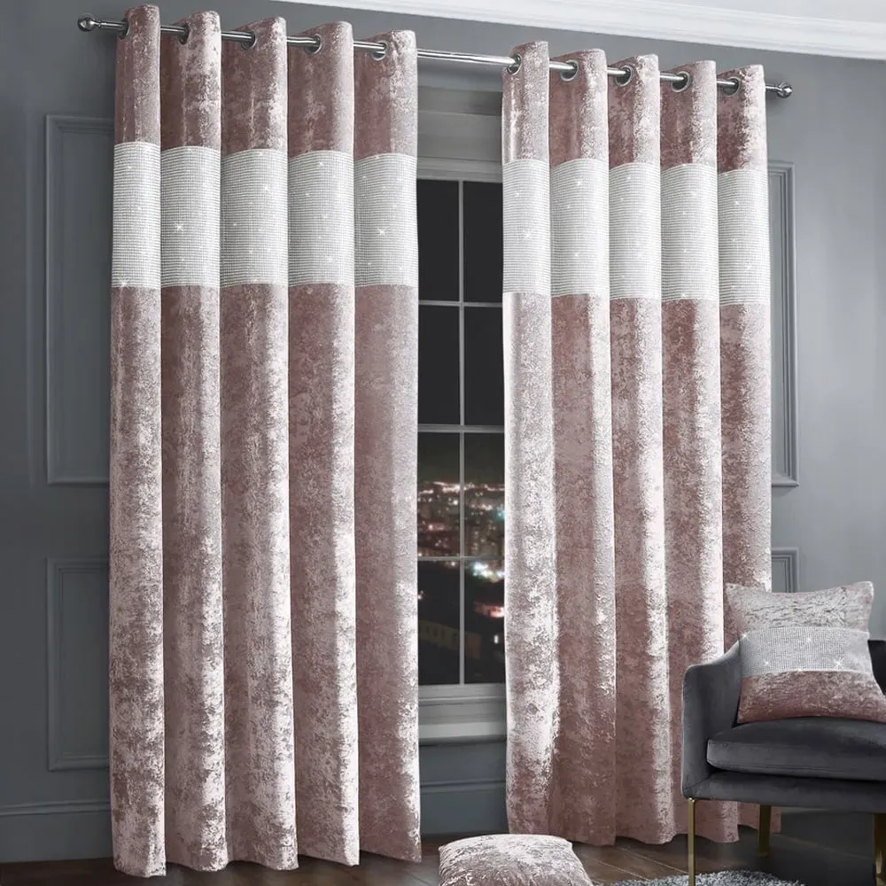 Diamante Eyelet Curtains with Diamante Trim - Pink, Velvet