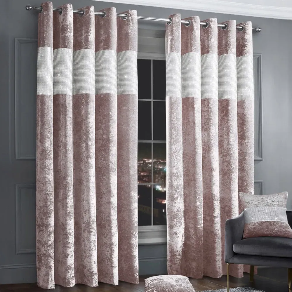 Diamante Eyelet Curtains with Diamante Trim - Pink, Velvet
