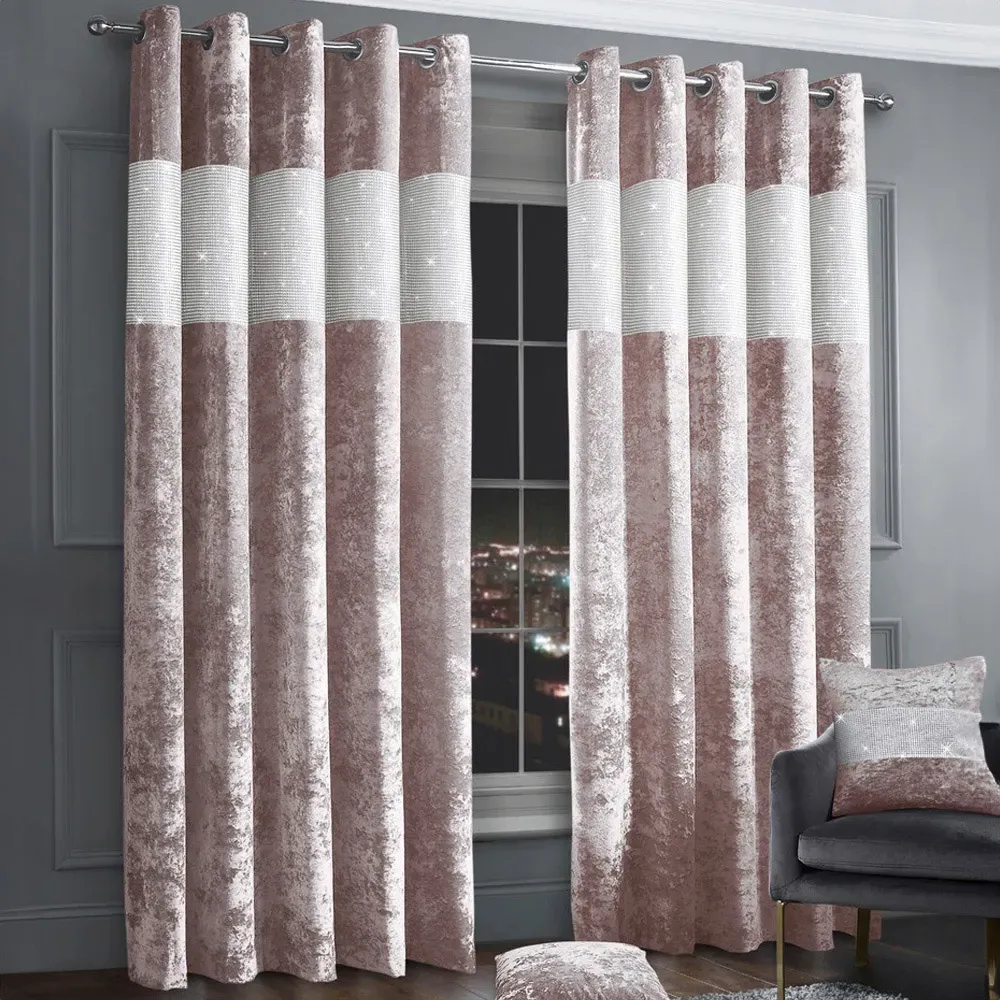 Diamante Eyelet Curtains with Diamante Trim - Pink, Velvet