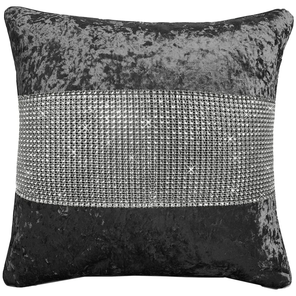 Diamonte Crushed Velvet Filled Cushion 2 Pack - Charcoal