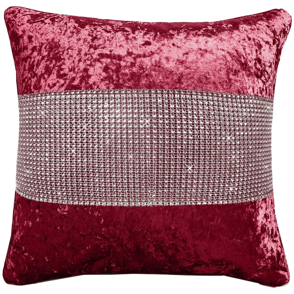 Diamonte Crushed Velvet Filled Cushion 2 Pack - Raspberry