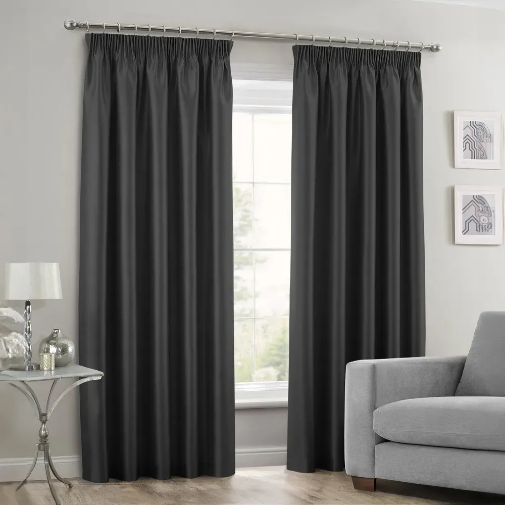 Faux Silk Curtains with Pencil Pleat - Black