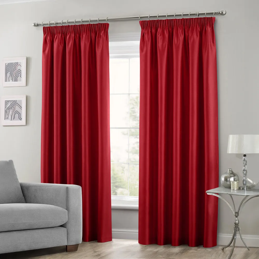 Faux Silk Curtains with Pencil Pleat - Red