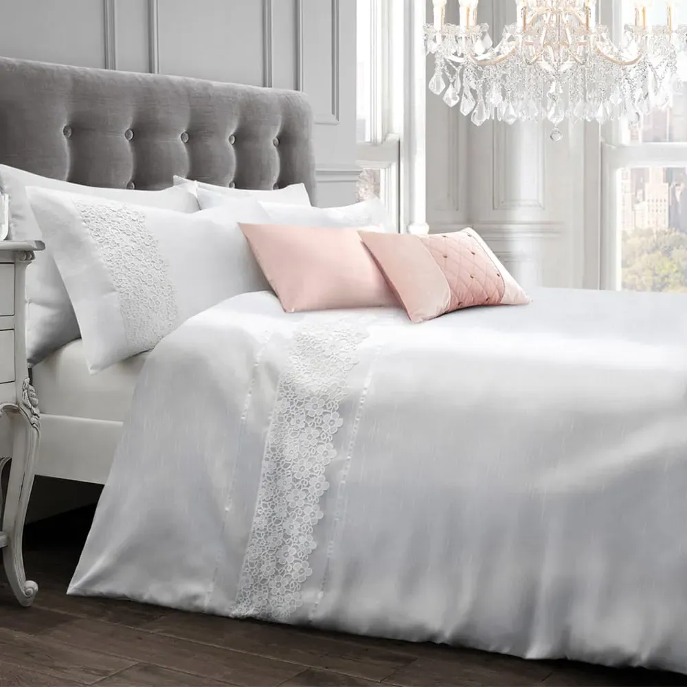 Nouvelle Double Lace Duvet Set - White, Faux Silk