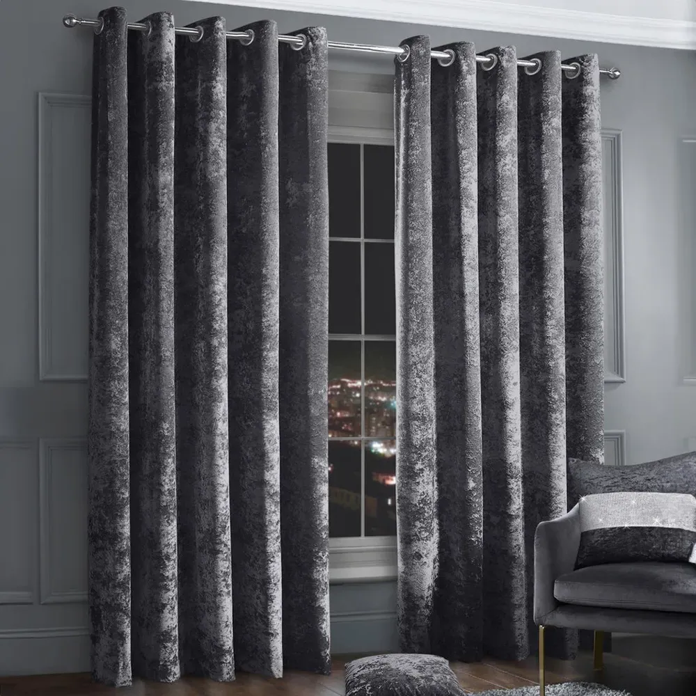 Plain Crushed Velvet Curtains - Charcoal