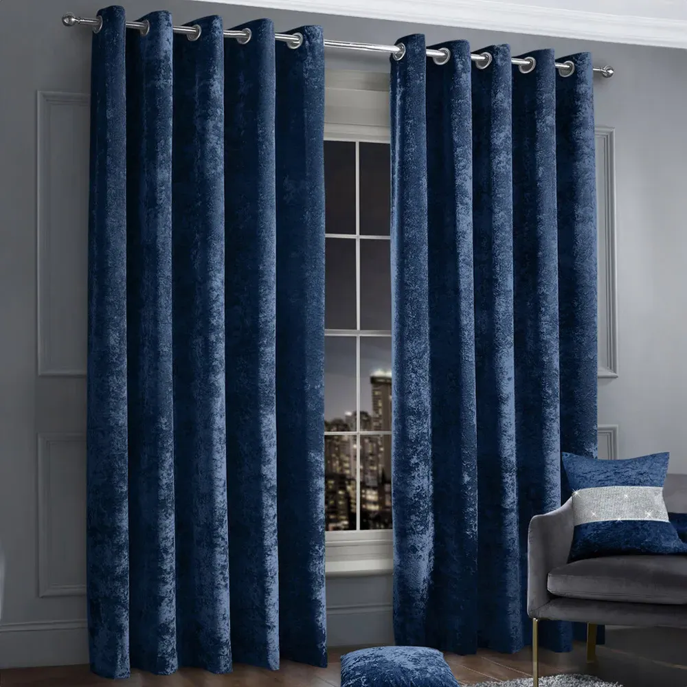 Plain Crushed Velvet Curtains - Navy Blue