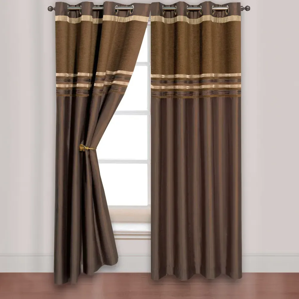 Renatta Eyelet Curtains with Faux Silk Stripes - Chocolate