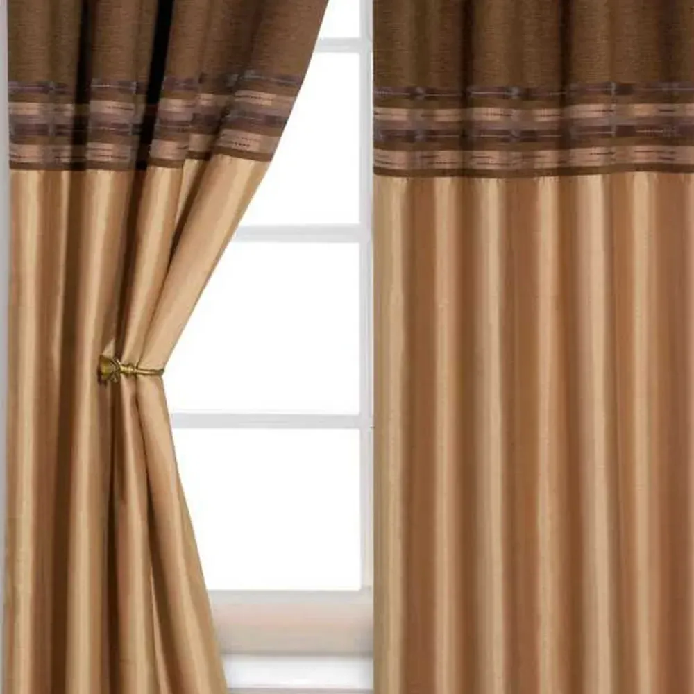 Renatta Eyelet Curtains with Faux Silk Stripes - Latte