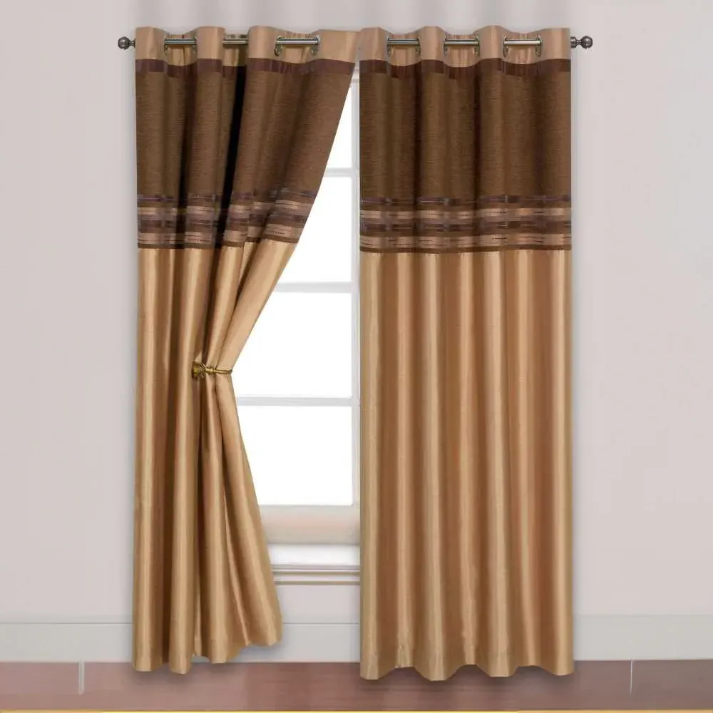 Renatta Eyelet Curtains with Faux Silk Stripes - Latte image