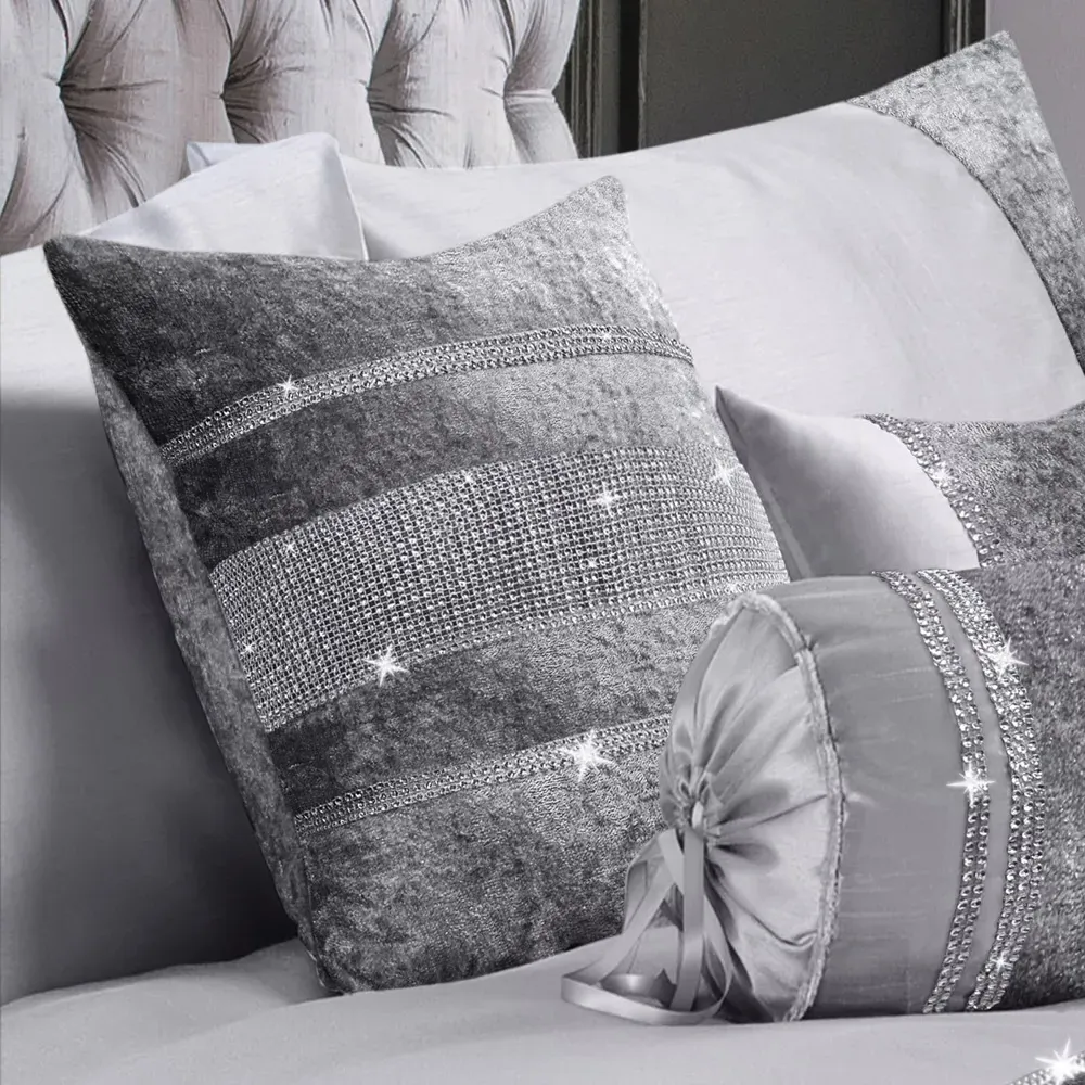 Topaz Diamante Cushion 2 Pack - Silver, Crushed Velvet