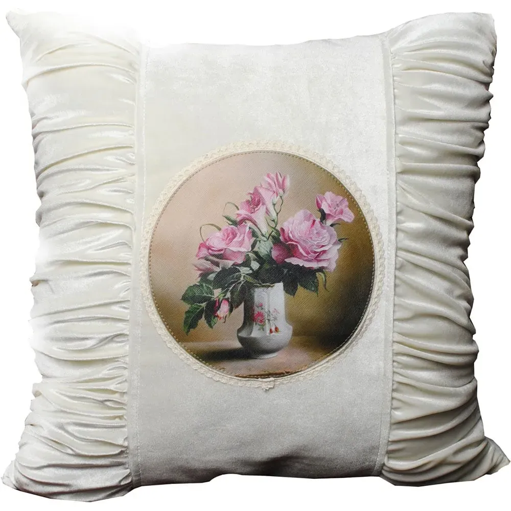 Velvet Pleated Floral Filled Cushion 45x45cm 2 Pack - Cream